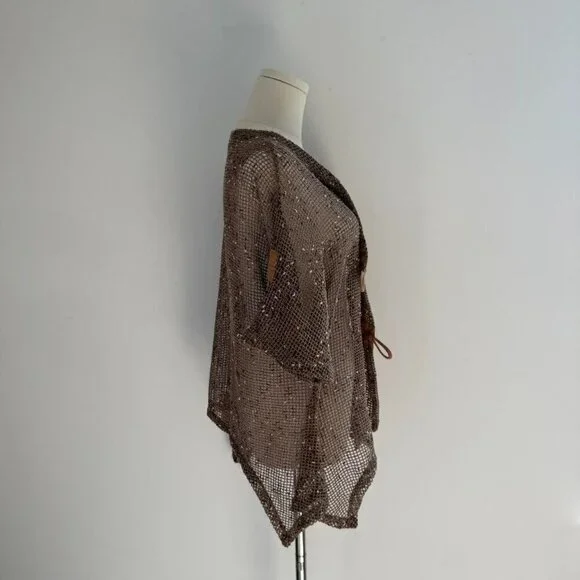 Kaktus Boho Open Weave Sequin Cardigan Brown Crochet KnitWomens Size Large